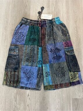 🔥292–NWT Patchwork Cargo Shorts in Blue & Green – Men’s Casual Summer